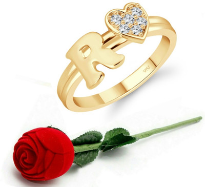 VIGHNAHARTA Vighnaharta cz alloy Gold plated Valentine collection Initial '' R '' Letter with heart ring alphabet collection with Scented Velvet Rose Ring Box for women and girls and your Valentine. Alloy Cubic Zirconia Gold Plated Ring