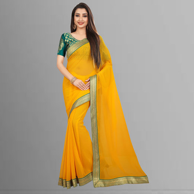 Anand Sarees Solid/Plain Bollywood Chiffon Saree(Yellow)