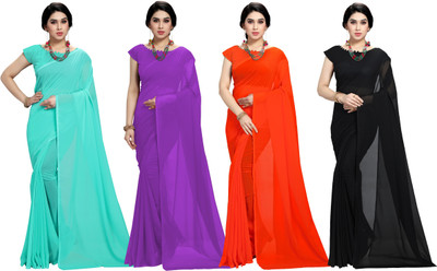 Anand Sarees Dyed Bollywood Chiffon Saree(Pack of 4, Purple, Light Blue, Black, Orange)