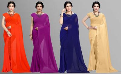 Anand Sarees Solid/Plain Bollywood Chiffon Saree(Pack of 4, Multicolor)