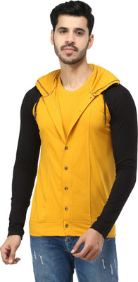 Black Collection Colorblock Men Hooded Neck Gold, Black T-Shirt