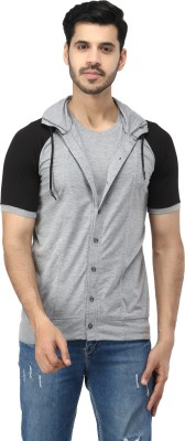 Black Collection Colorblock Men Hooded Neck Black, Grey T-Shirt