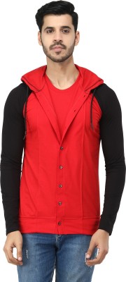 Black Collection Colorblock Men Hooded Neck Red, Black T-Shirt