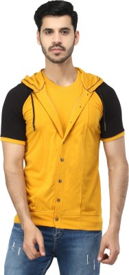 Black Collection Colorblock Men Hooded Neck Gold, Black T-Shirt