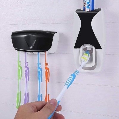 waheguru Plastic Automatic Hands-Free Wall Mounted Toothpaste Dispenser Squeezer with Detachable 5 Hole Toothbrush Holder Plastic Toothbrush Holder(Black, White, Wall Mount)