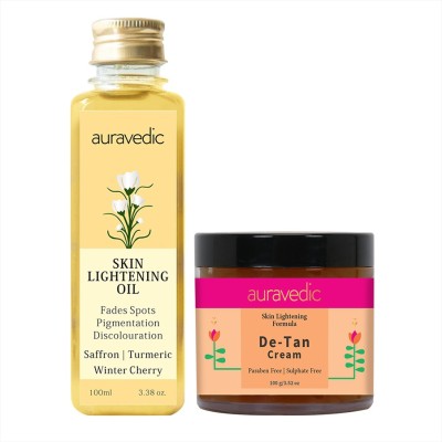 AURAVEDIC Lightening & De-tan for Face and Body, De-Tans & Lightens Sun spots - Turmeric Licorice Papaya Winter Cherry Saffron(2 Items in the set)