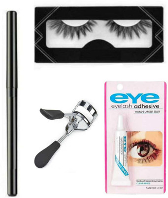 FUSION FLY Smudge Proof Essentials Makeup HD14 Beauty Kajal & FALSE EYE LASH & EYELASH GLUE & EYELASH CURLER(4 Items in the set)