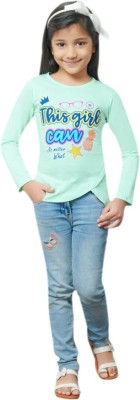 Hamleys Girls Typography, Printed Pure Cotton Slim T Shirt(Multicolor, Pack of 1)