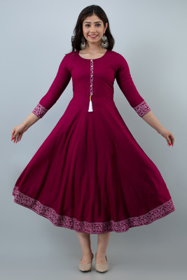 LABULY Women Solid Flared Kurta(Maroon)