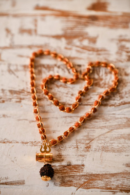 Fashion Bizz Shiv Shakti Kavach 5 Mukhi Rudraksha Mala With Shiv Trishul & Damru Wood Chain Gold-plated Plated Brass Chain