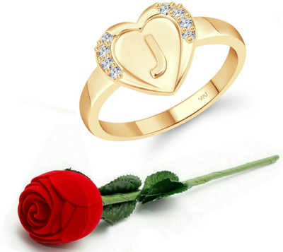 VIGHNAHARTA Vighnaharta cz alloy Gold plated Valentine collection Initial '' J '' Letter in heart ring alphabet collection with Scented Velvet Rose Ring Box for women and girls and your Valentine. Alloy Cubic Zirconia Gold Plated Ring