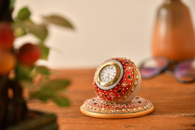 Fashion Bizz Marble Plate Watch Table | Analog Marble Plate Watch | Table Decor Decorative Showpiece  -  6 cm(Marble, Red)