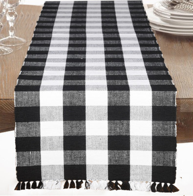 CRAZYWEAVES Black, White 182 cm Reversible Table Runner(Cotton)