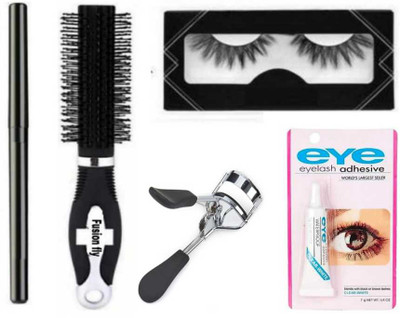 FUSION FLY Smudge Proof HDA64 Makeup Beauty Kajal & False Eyelashes & Eyelash Glue & Eyelash Curler & ROUND HAIR ROLLER COMB(5 Items in the set)