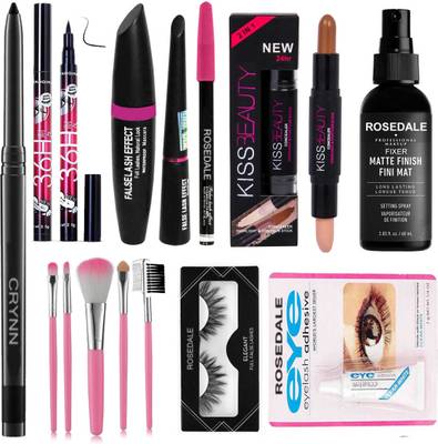 Crynn Smudge Proof Rosedale Pro Ultra Kajal & 3in1 Eyeliner , Mascara , Eyebrow Pencil & Kiss Contour & Highlighter Stick & Yanqina 36H Eyeliner & Matte Fixer Face Spray & False Eyelash , Glue & 5 Makeup Brush