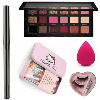 FUSION FLY Smudge Proof HDA64 Makeup Beauty Kajal & Set of 7 Makeup Brush & 1 MAKE UP BLENDER & HEART EYE LASH WITH GLUE & Rose Gold Eye shadow Palette(11 Items in the set)