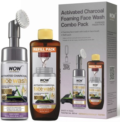 WOW SKIN SCIENCE Activated Charcoal Foaming  Save Earth Combo Pack- Consist of Foaming  with Built-In Brush & Refill Pack - No Parabens, Sulphate, Silicones & Color - Net Vol. 350mL Face Wash(350 ml)