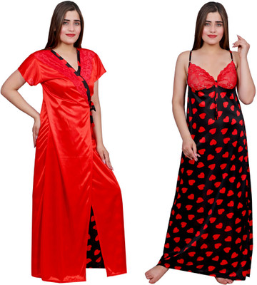 NACNO Women Nighty Set(Red, Black)