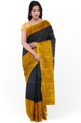 SUSHRITA BOUTIQUE Woven Daily Wear Cotton Blend Saree(Black, Mustard)