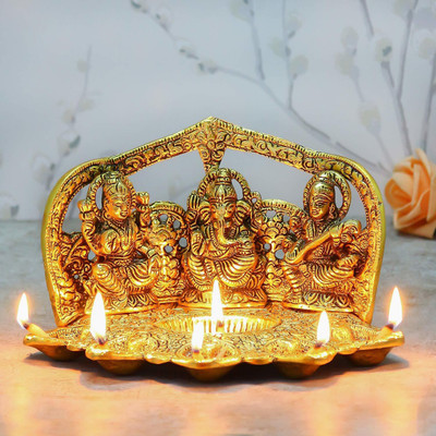 Sawcart Laxmi Ganesh Saraswati Five Diya Made of Metal – Oil Lamp Deepak God Idol Handcrafted Statue Traditional Figurine for Home Office Temple Puja Decoration Diwali Housewarming Gift Decorative Showpiece  -  11 cm(Metal, Gold)