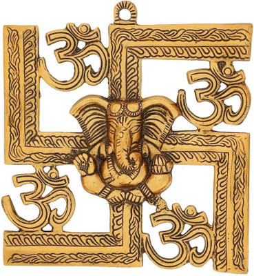 Dalvkot Ganesh Idol on Om Swastik Metal Wall Hanging for Home Decor Decorative Showpiece  -  22 cm(Brass, Gold)