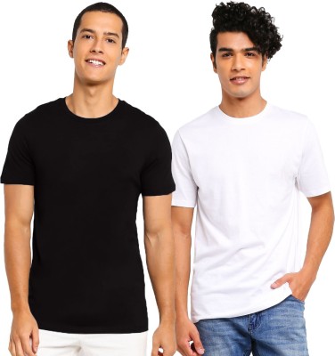 mebadass Solid Men Round Neck White, Black T-Shirt