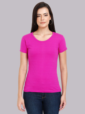 Fleximaa Solid Women Round Neck Pink T-Shirt