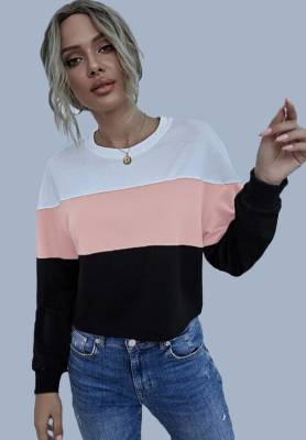 Force Color Block Women Round Neck White, Pink, Black T-Shirt