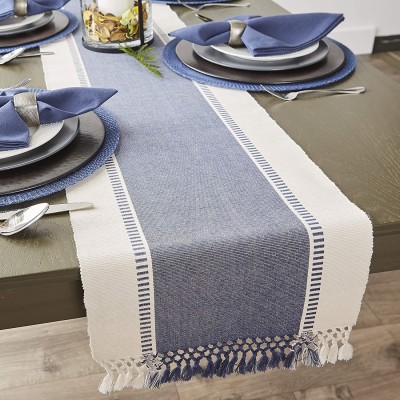 CRAZYWEAVES White, Blue 182 cm Reversible Table Runner(Cotton)