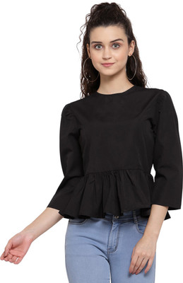 Style Quotient Casual 3/4 Sleeve Solid Women Black Top