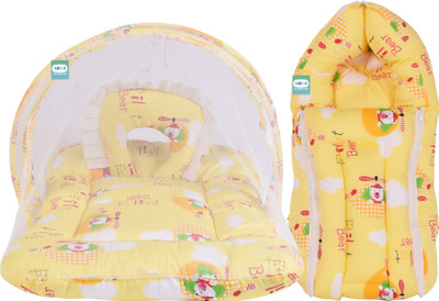 Funtus Cotton Single Sized Bedding Set(Yellow, 1 Baby Mosquito Net Bed With Pillow, 1 Baby Sleeping Bag)
