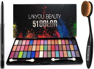 Crynn Smudge Proof Rosedale Kajal & Lakyou Perfect 51 Signature Velvet Eyeshadow Palette & Prefect Signature Oval Makeup Brush(3 Items in the set)