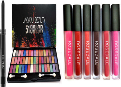 Crynn Smudge Proof Rosedale Kajal & Lakyou Perfect 51 Signature Velvet Eyeshadow Palette & Catsuit Edition 6 Liquid Matte Lipsticks(8 Items in the set)