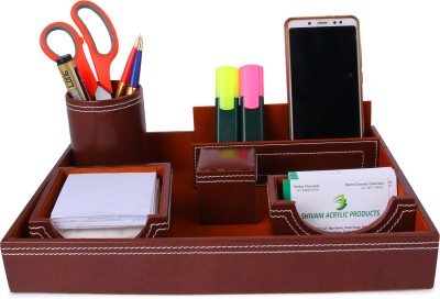 RASPER 5 Compartments Genuine Leather Brown Multipurpose Desk Organizer 6-in-1 Desktop Set Pen Stand Holder with Mobile Holder & Remote Stand for Office Desk Table Storage Organizer Box(Brown (Tan))