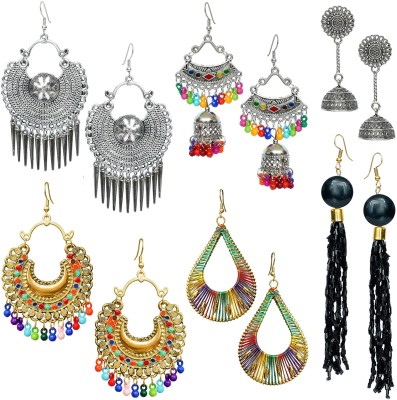 YOTOG Combo Pack of Latest Designer Traditional Silver Oxidised Earrings of 6 Pairs for Girls and Women Crystal, Beads Alloy, Brass Chandbali Earring, Earring Set, Drops & Danglers