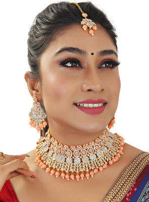 KAHAR CREATION Alloy Gold-plated Pink, White Jewellery Set(Pack of 1)