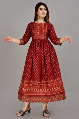 Demirner Women Printed Flared Kurta(Maroon)