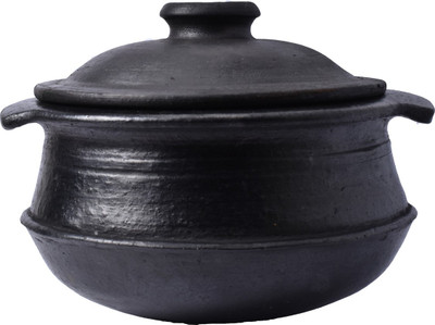 Frills & Colours Premium Handmade Earthen Cookware for Cooking and Serving- Handi Big Size-Organic-Pre-Seasoned-Natural Black with Lid Handi 3.5 L with Lid(Earthenware)