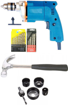 DUMDAAR •	350W Heavy Duty 10mm Electric drill Machine with 13pc hss 5pc masonry 1pc hand hammer and 6pc hole saw set Power & Hand Tool Kit(5 Tools)