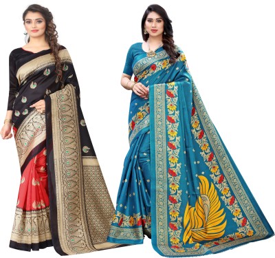 PINK WISH Printed Daily Wear Art Silk Saree(Pack of 2, Blue, Black)