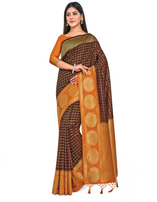 MIMOSA Checkered Kanjivaram Art Silk Saree(Multicolor)