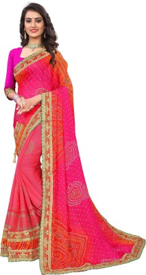 Aruna Sarees Embroidered Bandhani Chiffon Saree(Pink)