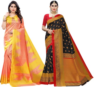 PINK WISH Printed Daily Wear Art Silk Saree(Pack of 2, Black, Yellow)