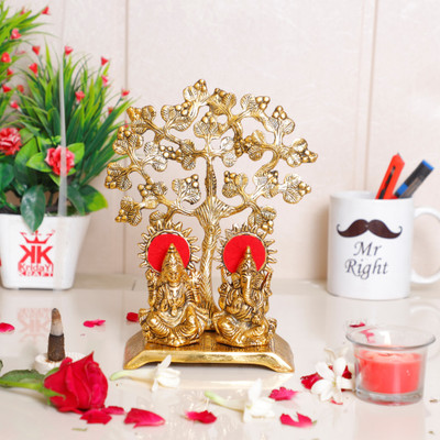 KridayKraft Metal Laxmi Ganesha Murti Under Tree,Unique and one of a Kind Rare handicrafted Idol for Pooja Room & Decor Your Home, Office ,Gift Your Relatives on Diwali,Wedding... Decorative Showpiece  -  22 cm(Metal, Gold)