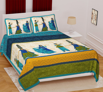 WAR TRADE 144 TC Cotton Double Jaipuri Prints Flat Bedsheet(Pack of 1, MULTI COLOURS)