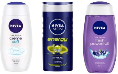 NIVEA Shower Gel - Creme Soft , Energy , Fresh PowerFruit , 250 Ml Each (Pack of 3)(3 x 250 ml)