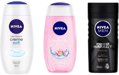 NIVEA Shower Gel - Creme Soft , Waterlily & Oil , Deep Impact , 250 Ml Each (Pack of 3)(3 x 250 ml)