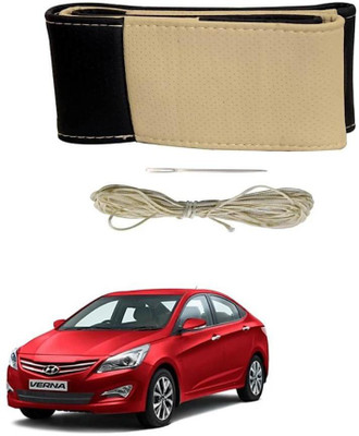 POOJATRADERSSS Hand Stiched Steering Cover For Hyundai Verna, i20, New Dzire, WagonR, i10 Active(BLACK & BEIGE, Leather)