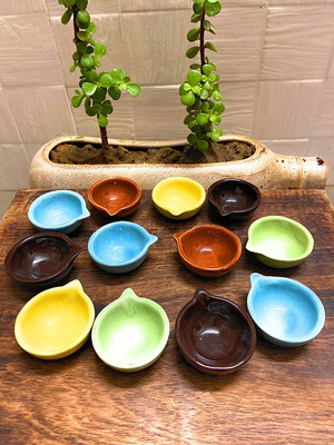 HEART STEALER Ceramic Diya/Deepak Oil Lamp for Home Temple Set of 12 Colour - Green Ceramic (Pack of 12) Table Diya Set(Height: 1 inch)