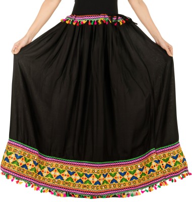 Classic Kiku Embroidered Women Flared Black Skirt